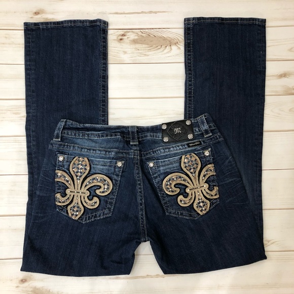 Miss Me Denim - Miss Me Blingy Gold Fleur De Lis Dark Hi Rise Jean